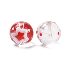 Rouge Brins de perles en verre émaillé faits à la main, ronde avec des étoiles, rouge, 13x12mm, Trou: 1.2mm, Environ 30 pcs/chapelet