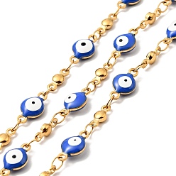 Royal Blue Enamel Flat Round with Evil Eye Link Chains, with Gold Plated 304 Stainless Steel Findings, Unwelded, with Spool, Royal Blue, 11x6x3mm, 8x3x2mm