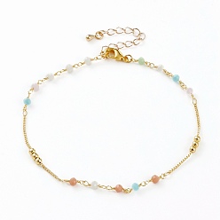 Colorful Faceted Glass Beaded Anklets, with Brass Beads and Lobster Claw Clasps, Round, Real 18K Gold Plated, Colorful, 9-7/8 inch(25.1cm)