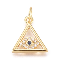 Golden Brass Micro Pave Cubic Zirconia Pendants, with Jump Ring, Triangle with Evil Eye, Clear, Golden, 13x12x2mm, Hole: 2.4mm