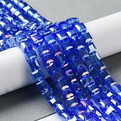 Royal Blue Electroplate Glass Beads Strands, AB Color Plated, Faceted, Cube, Royal Blue, 6x6x6mm, Hole: 1mm, about 100pcs/strand, 22 inch