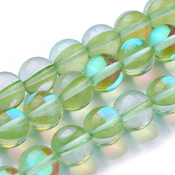Vert Clair Brins synthétiques de perles de lune, teint, perles holographiques, demi couleur ab plaqué, ronde, vert clair, 8mm, Trou: 1mm, Environ 49 pcs/chapelet, 15 pouce