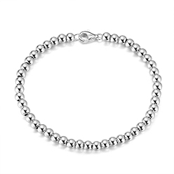 Platinum Rhodium Plated 925 Sterling Silver Round Ball Chain Bracelets, with S925 Stamp, Platinum, 6-1/2 inch(16.5cm)