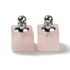 Rose Quartz Natural Rose Quartz Perfume Bottle Pendants, Square Charms with Stainless Steel Color Plated 304 Stainless Steel Findings, 19x12x12mm, Hole: 2mm