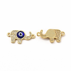 Blue Rack Plating Real 18K Gold Plated Brass Micro Pave Clear Cubic Zirconia Connector Charms, Elephant with Evil Eye Links, with Handmade Lampwork, Cadmium Free & Lead Free, Long-Lasting, Blue, 12x24x4mm, Hole: 1.4mm