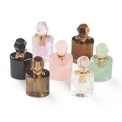 Pierre Mélangete Pendentifs pierres précieuses naturelles mixtes, bouteille de parfum ouvrable, avec les accessoires en laiton de tonalité d'or, 33~35x17~19x11~13mm, Trou: 2mm, capacité: 1 ml (0.03 fl. oz)