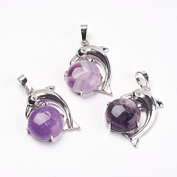 Amethyst Natural Amethyst Pendants, with Brass Findings, Dolphin, Platinum, 30x23x8mm, Hole: 5x8mm