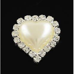 Ivoire Brillant coeur flatback laiton abs plastique imitation cabochons de perles, avec un cristal strass qualité, couleur argentée couleur métal plaqué, blanc crème, 23.5x21.5x6.5mm