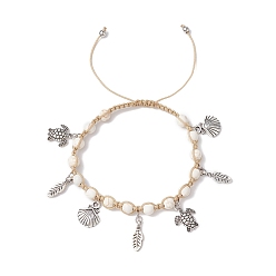 Floral White Feather & Turtle & Shell Shape Alloy Charm Bracelet, Synthetical Turquoise Braided Adjustable Bracelet, Floral White, Inner Diameter: 2-1/8~3-3/8 inch(5.5~8.55cm)