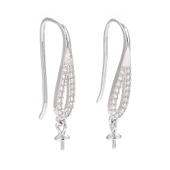 Platinum Rhodium Plated 925 Sterling Silver Earring Hooks, with Clear Cubic Zirconia, Teardrop, for Half Drilled Beads, Platinum, 25mm, 21 Gauge, Pin: 0.7mm and 0.6mm, Tray: 6x3mm