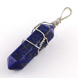 Lapis Lazuli Dyed Natural Lapis Lazuli Stone Double Terminated Pointed Pendants, with Platinum Plated Iron Findings, Bullet, 38~45x8x8mm, Hole: 4mm