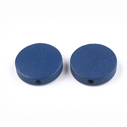 Marine Blue Painted Natural Wood Beads, Flat Round, Marine Blue, 15~15.5x4mm, Hole: 1.8mm