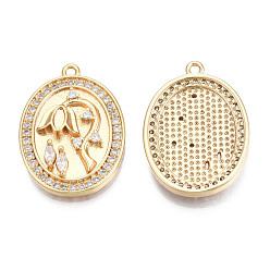 Clear Brass Micro Pave Cubic Zirconia Pendants, Real 18K Gold Plated, Oval with Flower, Cadmium Free & Nickel Free & Lead Free, Clear, 21x15.5x3mm, Hole: 1.2mm
