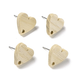 Heart Ash Wood Stud Earring Findings, with 304 Stainless Steel Pin, Heart, 12x12mm, Hole: 1.8mm, Pin: 0.7mm