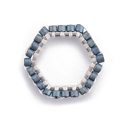 Marina Azul Cuentas de semillas japonesas hechas a mano de miyuki & toho, con 304 anillos de enlace de acero inoxidable, Patrón de telar, hexágono, plata, azul marino, 15~15.5x16x1.8~2 mm