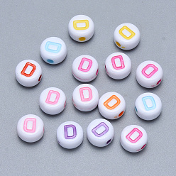 Letter D Craft Acrylic Horizontal Hole Letter Beads, Flat Round, Mixed Color, Letter.D, 7x3.5~4mm, Hole: 1.5mm, about 3600pcs/500g