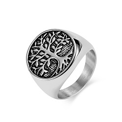 Plata Antigua Anillo de dedo retro del árbol de la vida de acero de titanio, anillo de banda amplia, plata antigua, diámetro interior: 21 mm