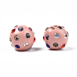 Pink Polymer Clay Rhinestone Beads, Pave Disco Ball Beads, Round, Pink, PP15(2.1~2.2mm), 9~10.5x9mm, Hole: 1.2mm