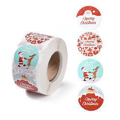 Red 4 Patterns Christmas Round Dot Self Adhesive Paper Stickers Roll, Christmas Decals for Party, Decorative Presents, Red, 25mm, about 500pcs/roll