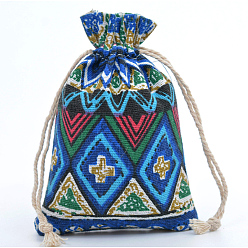 Rhombus Льняные сумки с кулиской в этническом стиле, прямоугольные, ромб шаблон, 18x13 см