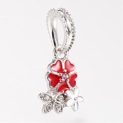 Roja Encantos colgantes europeos de esmalte de aleación, con diamantes de imitación, flor, Grandes colgantes agujero, Platino, rojo, 26~27 mm, agujero: 5x8 mm