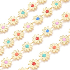 Real 18K Gold Plated Brass Enamel Flower Link Chains, with Spool, Long-Lasting Plated, Unwelded, Colorful, Real 18K Gold Plated, Flower: 13.5x10x2.5mm, about 32.8 Feet(10m)/roll