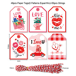Heart Valentine's Day Theme Paper Gift Tags, Hange Tags, with Cotton Rope, For Wedding, Heart & Flower & Word & Red Lip, Lock & Key, Mixed Patterns, Valentine's day Themed Pattern, 5.8x4cm, 48pcs/set