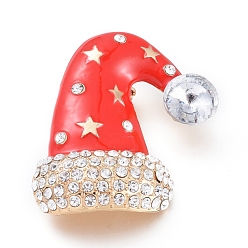 Red Golden Plated Alloy Brooches, with Crystal Rhinestone and Enamel, Christmas Hat, for Christmas, Red, 44.5x40.5x17.5mm, Pin: 0.8mm