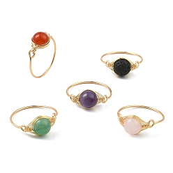 Real 18K Gold Plated Natural Mixed Gemstone Braided Bead Finger Ring, Copper Wire Wrap Jewelry for Women, Real 18K Gold Plated, US Size 10(19.8mm)