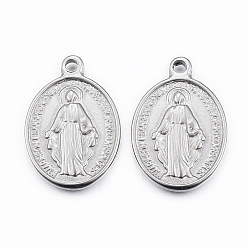 Stainless Steel Color 304 Stainless Steel Pendants, Oval with Virgin Mary, Stainless Steel Color, 19.5x13.5x2.5mm, Hole: 1.5mm