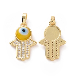 Gold Brass Micro Pave Cubic Zirconia Pendants, with Handmade Evil Eye Lampwork, Hamsa Hand Charm, Real 18K Gold Plated, Gold, 23x15x4mm, Hole: 4x6.5mm