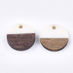 White Resin & Walnut Wood Pendants, Flat Round, White, 14~15x3~4mm, Hole: 1.8mm