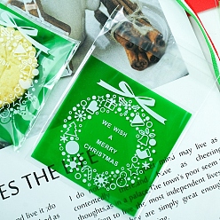 Зеленый Рождественские тематические квадратные самоклеящиеся пластиковые пакеты для печенья, для выпечки упаковочные пакеты, рождественский венок, зелёные, 70x70 мм (под молнией), односторонняя толщина: 4 мил