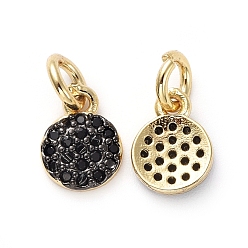 Gunmetal & Golden Brass Micro Pave Black Cubic Zirconia Charms, with Jump Rings, Flat Round, Gunmetal & Golden, 8x6x2mm, Hole: 3mm