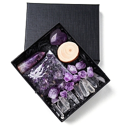 Amethyst Natural Quartz Crystal & Amethyst Bullet & Heart & Nugget & Chips Gift Box, Display Decorations, Pocket Worry Stone, Reiki Energy Stone Ornament, with Wood Slice, Package Size: 135x110x30mm