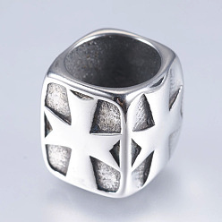 Antique Silver 304 Stainless Steel Beads, Large Hole Beads, Cuboid with Cross, Antique Silver, 11x11.5x10.5mm, Hole: 8.5mm