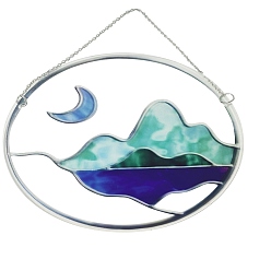 Medium Aquamarine Acrylic Pendant Decorations, Window Hanging Suncatcher, Flat Round with Mountain & Moon Pattern, Medium Aquamarine, 150x2mm