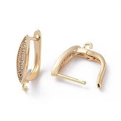 Real 18K Gold Plated Brass Hoop Earring Findings with Latch Back Closure, with Horizontal Loop and Clear Cubic Zirconia, Horse Eye, Long-Lasting Plated, Real 18K Gold Plated, 18x13.5x3.5mm, Hole: 1.2mm, Pin: 0.8mm