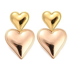 Золотой & Розовыый Золотой 304 серьги-гвоздики из нержавеющей стали с двойным сердечком для женщин, золотой и розовое золото, 32.5x20 мм
