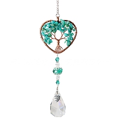 Amazonite Big Pendant Decorations, Hanging Sun Catchers, with Amazonite Beads and K9 Crystal Glass, Heart with Tree of Life, 35.5cm