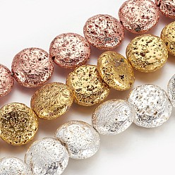 Mixed Color Electroplated Natural Lava Rock Beads Strands, Long-Lasting Plated, Flat Round, Mixed Color, 19~20x6.5~7mm, Hole: 1mm, about 20pcs/strand, 14.56 inch(37cm)