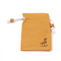 Orange Burlap Packing Pouches, Drawstring Bags, with Wood Beads, Orange, 14.6~14.8x10.2~10.3cm