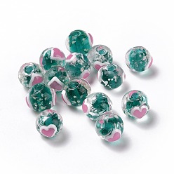 Teal Handmade Lampwork Beads, Round with Heart, Teal, 10x9mm, Hole: 1.4mm