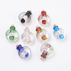 Color mezclado Colgantes de botellas de perfume de lampwork hecho a mano de plata, botella de aceite esencial, color mezclado, 34.5~35.5 mm, agujero: 4.5 mm, capacidad de la botella: 0.5~1 ml (0.017~0.03 fl. oz)