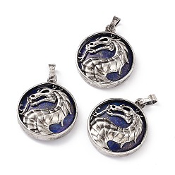 Lapis Lazuli Natural Lapis Lazuli Dyed Pendants, Flat Round Charms with Rack Plating Antique Silver Tone Brass Dragon, Cadmium Free & Lead Free, 32x28x7.5mm, Hole: 8.5x5mm