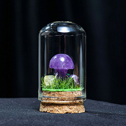 Amethyst Glass Dome Cover with Natural Amethyst Mushroom Inside, Cloche Bell Jar Terrarium with Cork Base, Micro Landscape Garden Decoration Accessories, 30x55mm