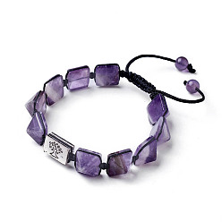 Amethyst Natural Amethyst Braided Bead Bracelets, Nylon Cord Square Knot Bracelet, with Alloy Findings, Rectangle with Tree, 1-3/4 inch~3-1/8 inch(4.6~8cm)