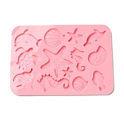 Random Single Color or Random Mixed Color Food Grade Silicone Molds, Fondant Molds, Baking Molds, Chocolate, Candy, Biscuits, UV Resin & Epoxy Resin Jewelry Making, Dolphin & shell & Starfish & Tortoise & Sea Horse & Conch & Fish, Random Single Color or Random Mixed Color, 230x165x6.5mm, Inner Diameter: 36~76x27~58mm