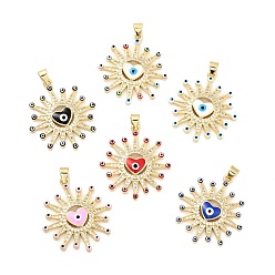 Mixed Color Rack Plating Brass Micro Pave Clear Cubic Zirconia Pendants, with Enamel, Cadmium Free & Lead Free, Sun with Evil Eye & Heart, Real 18K Gold Plated, Mixed Color, 29.5x26.5x3.7mm, Hole: 3.2x3.5mm