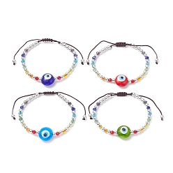 Mixed Color Evil Eye Lampwork & Glass Braided Bead Bracelet, Mixed Color, Inner Diameter: 2~3-1/4 inch(5~8.2cm)
